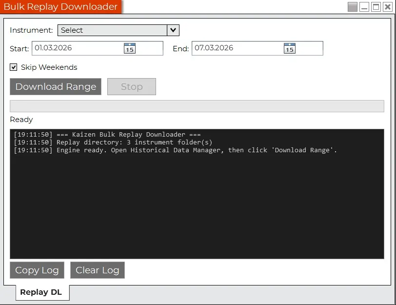 Kaizen Bulk Replay Downloader for NinjaTrader 8 — select instrument, date range, and download